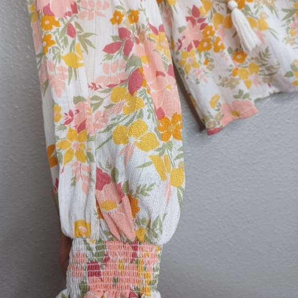 Joie Vivette Pink Orange Size L Smocked Tassel Tie Keyhole Peasant Boho Top - Picture 8 of 12